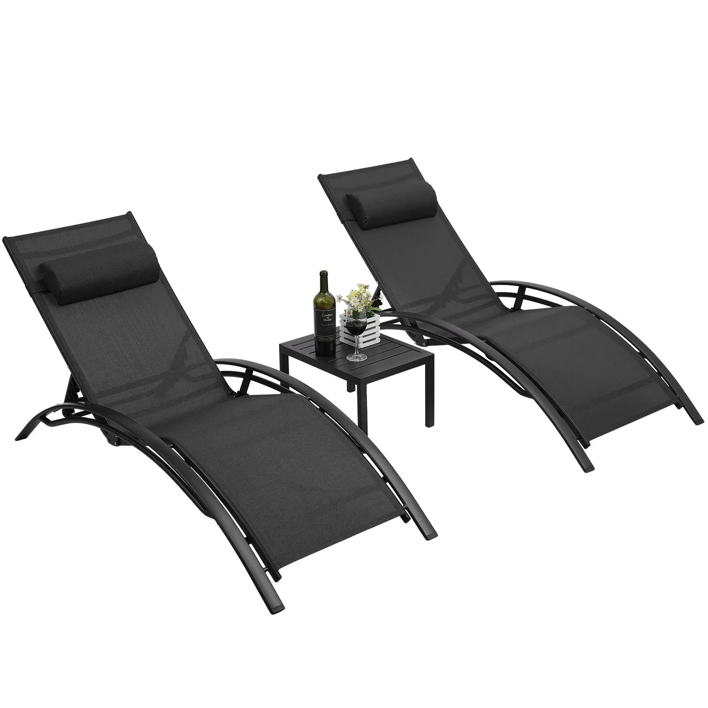 Aluminum Lounge Chair for Outside with 5 Adjustable Positions with Table 3Pcs Chaise Outdoor for Pool, Garden, Camping, Backyard
