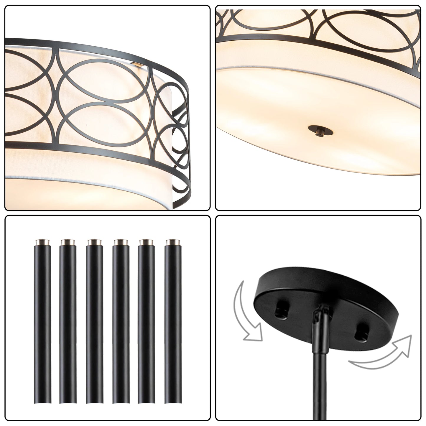3-Light Drum Chandelier Iron Semi-Flush Mount Ceiling Fixture Dining Room
