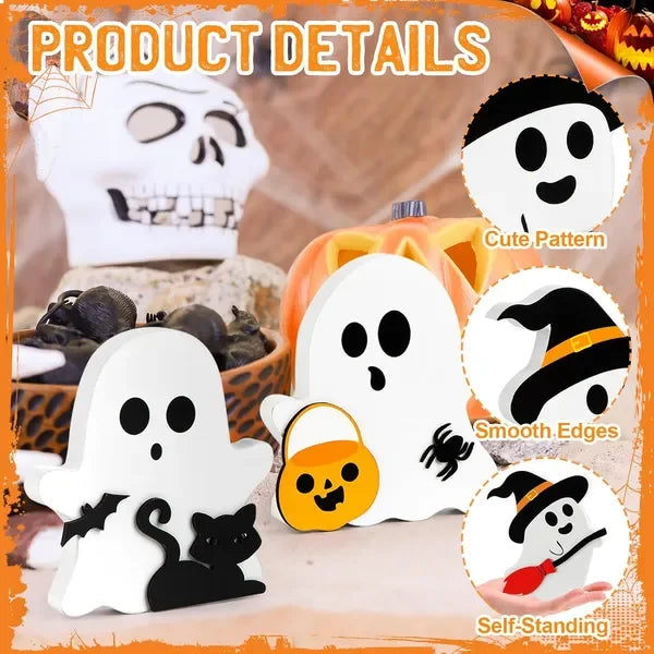 Wooden Halloween Decor Tiered Tray Set With Cat Witch Pumpkin