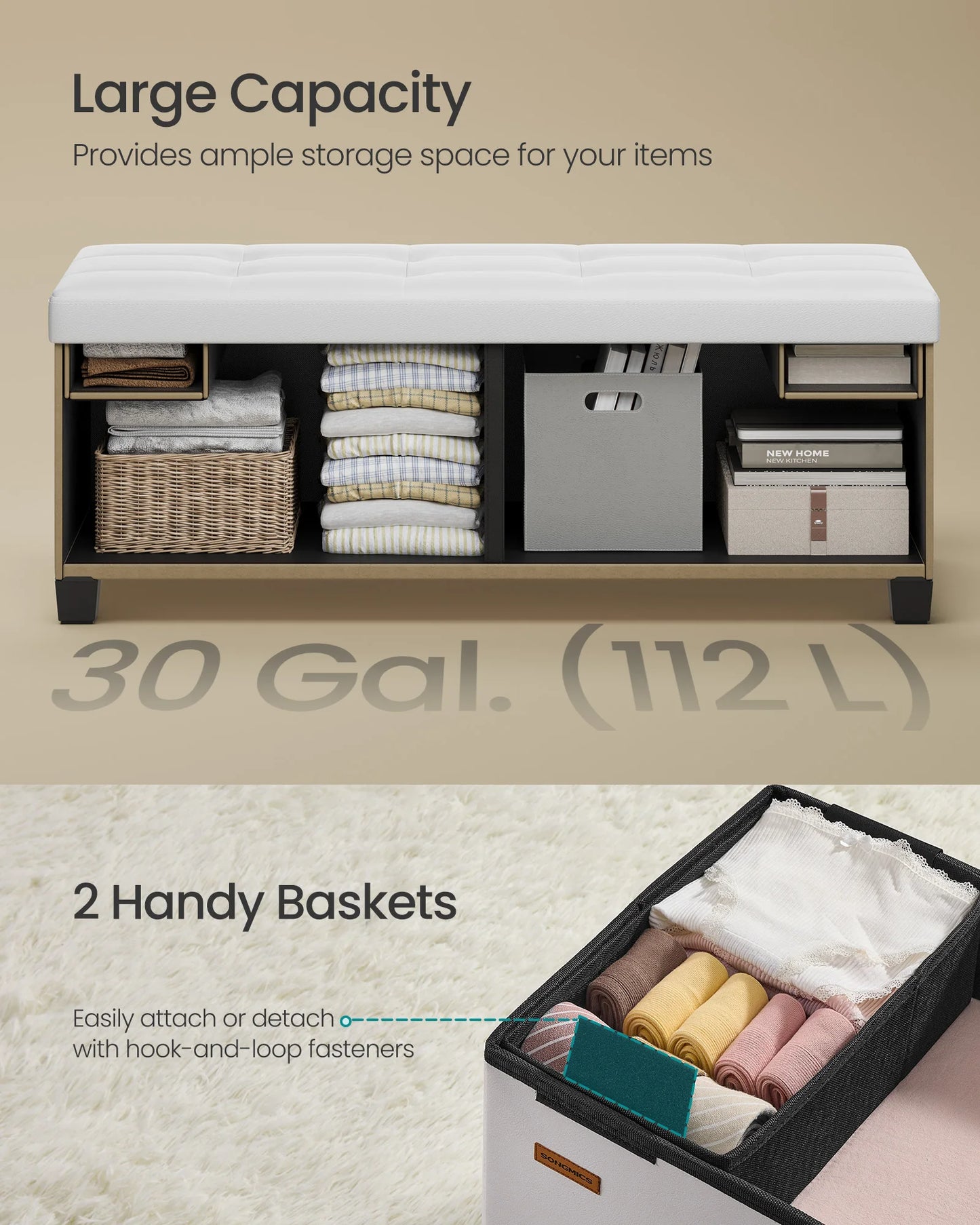 SONGMICS Storage Ottoman, Storage Bench with Legs, 15 x 43 x 15.7 Inches, Ottoman Bench, 30 Gal. (112 L), Synthetic Leather