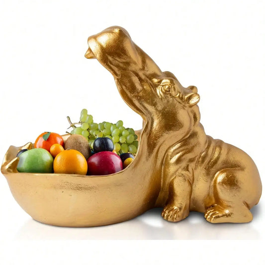 Hip Hippo Resin Figurine – Funky Hippopotamus Sculpture With Open Bowl Design For Snacks, Keys, Or Trinkets – Decorative Holder With Elegant Golden Finish – Playful Accent For Modern Decor