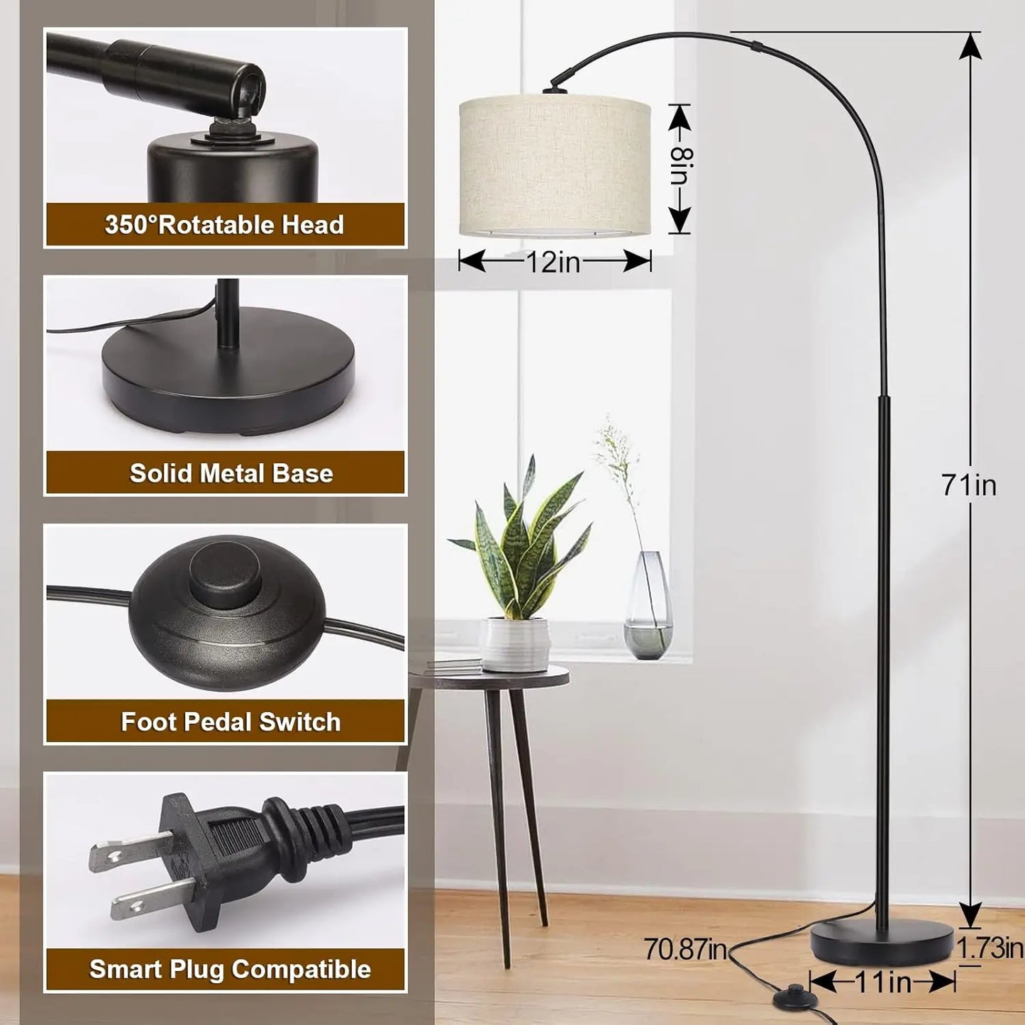 Arc Tall Floor Lamp With Drum Shade And Foot Switch Over-Couch Reading Light