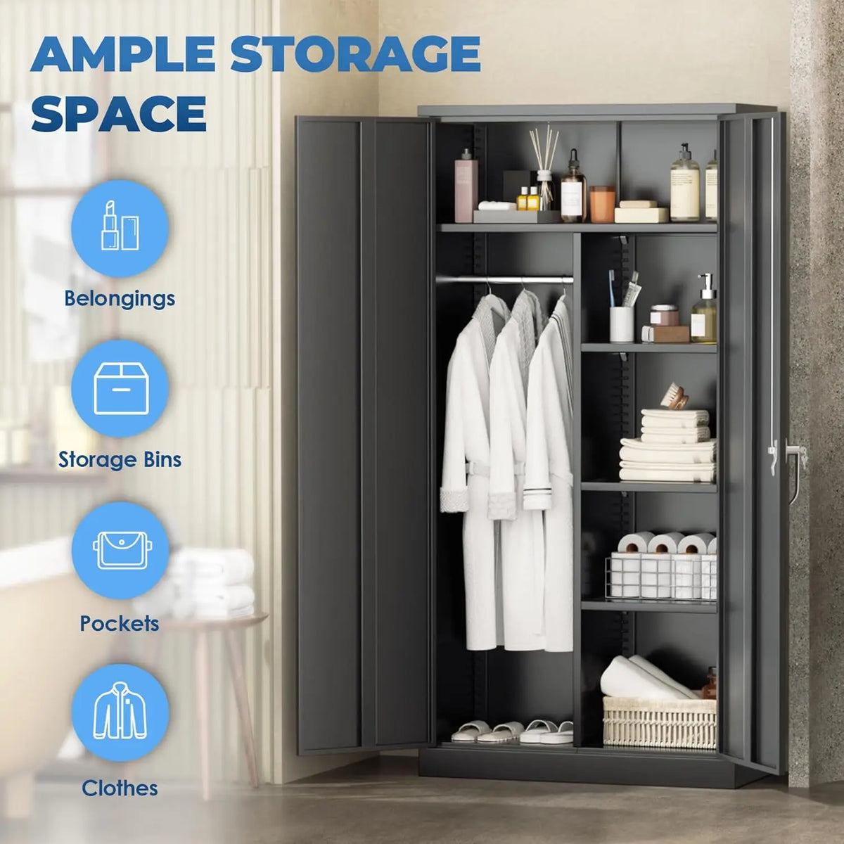 Durable Metal Wardrobe Cabinet With Lock Four Adjustable Shelves