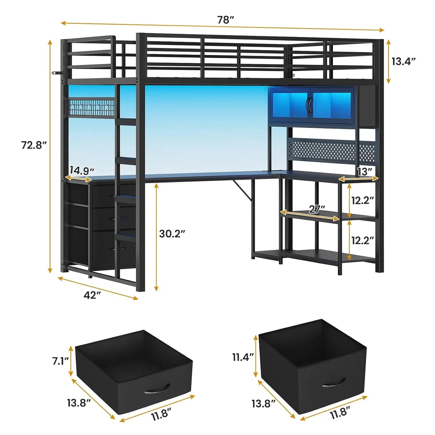 Twin Loft Bed L-Shaped with Gaming Desk Storage Hutch Power Outlet Metal Frame Lights Space Saving Black, Customized