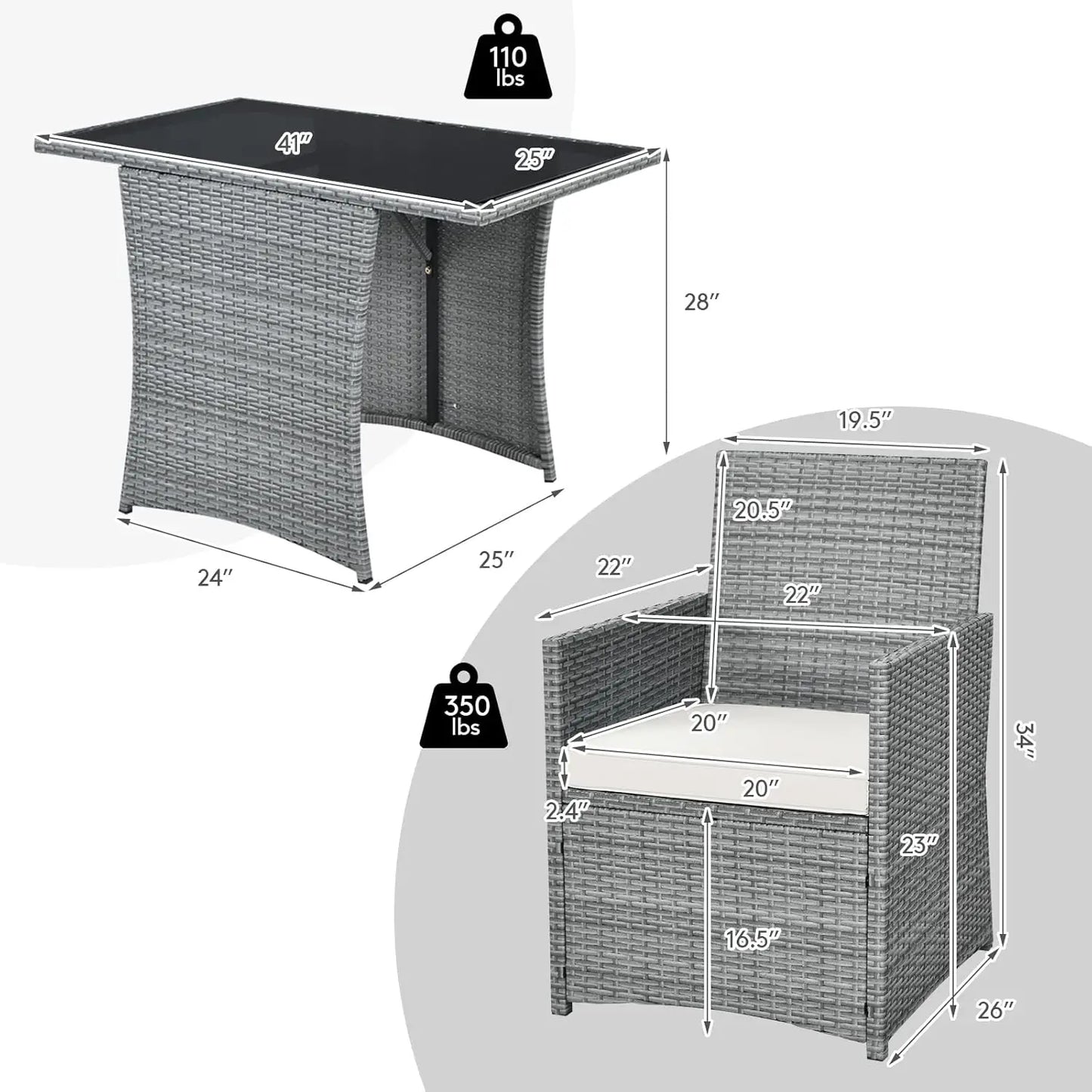 3 Piece Patio Rattan Furniture Set with Coffee Table, Cushioned Dining Chairs,