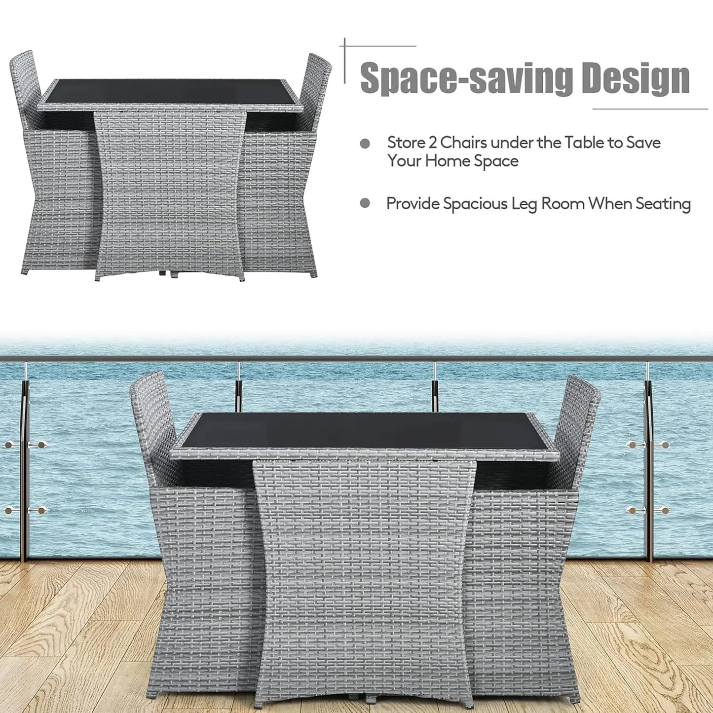 3 Piece Patio Rattan Furniture Set with Coffee Table, Cushioned Dining Chairs,