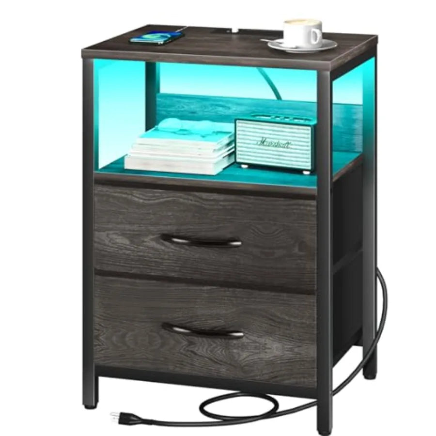 Nightstand with Charging Station, LED Night Stand with Fabric Drawers and Storage Shelf for Bedroom, Nightstands Bedside Tables