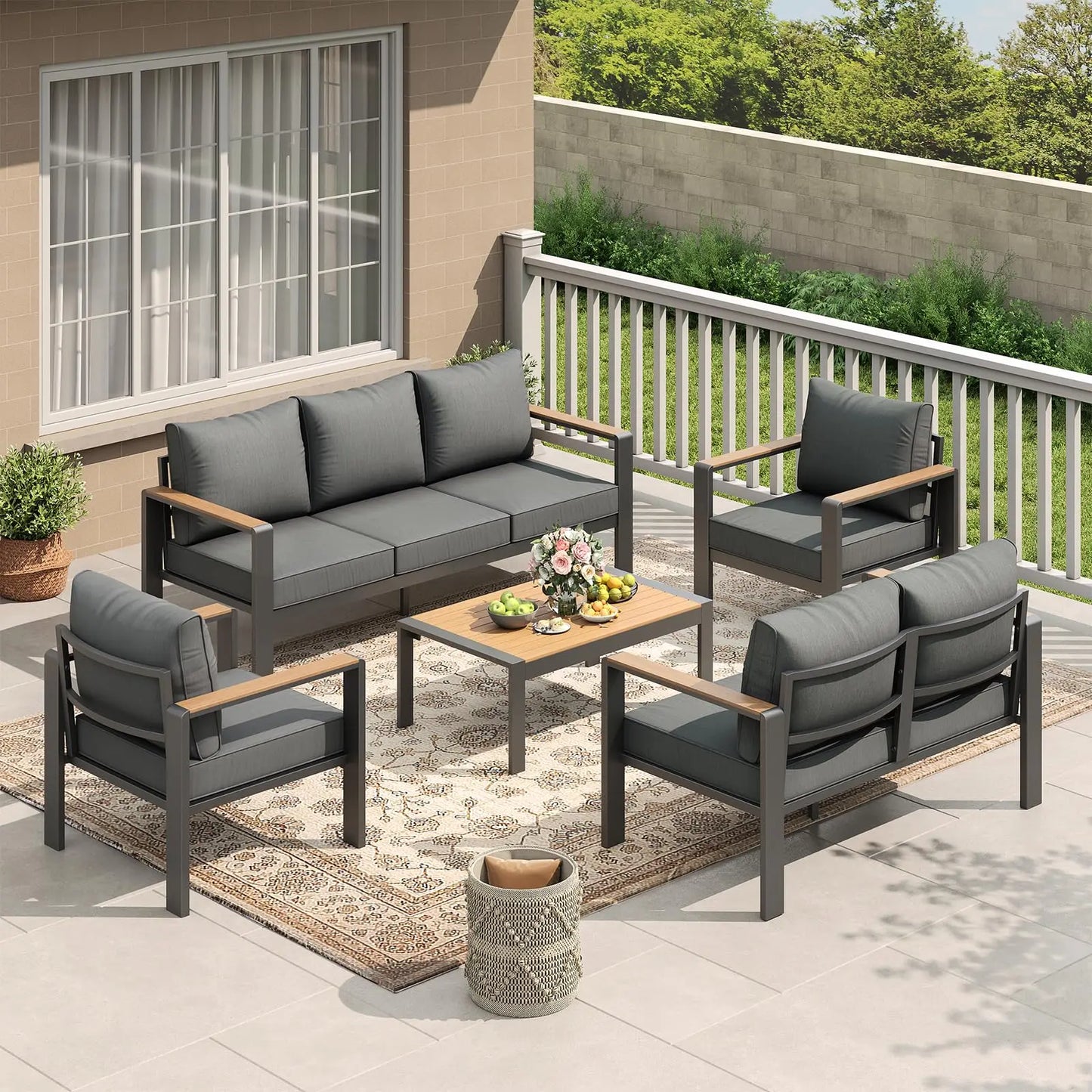 7 Seat Aluminum Patio Furniture Set, Outdoor Sectional Sofa With 5 Inch Thick Cushions & Coffee Table