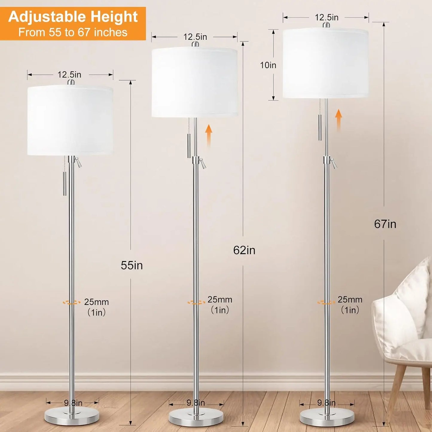Brushed Nickel Floor Lamp Height Adjustable Modern Tall Three Way Dimmable