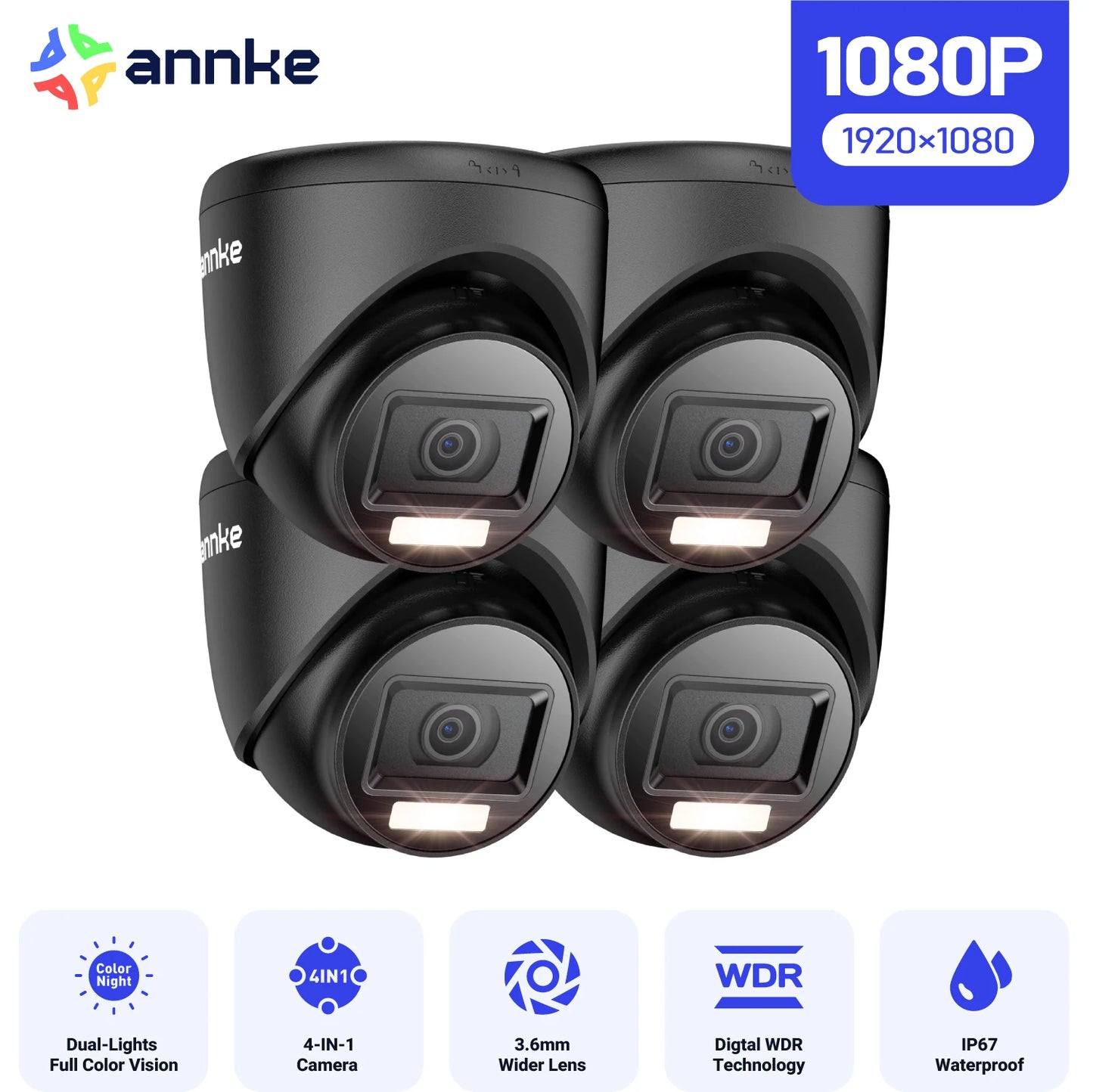 ANNKE 1080P HD-TVI Security Camera Kit 4PCS 2MP Bullet Outdoor Weatherproof Housing 66ft Super Night Vision Smart IR CCTV Camera
