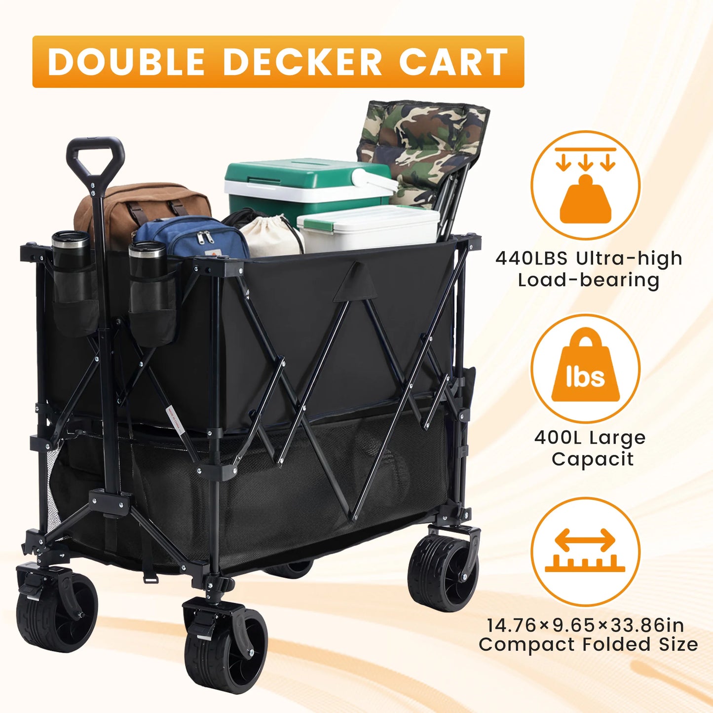 JHK Outdoor Double Decker Wagons Cart 440 lbs. Capacity Collapsible  and Foldable.