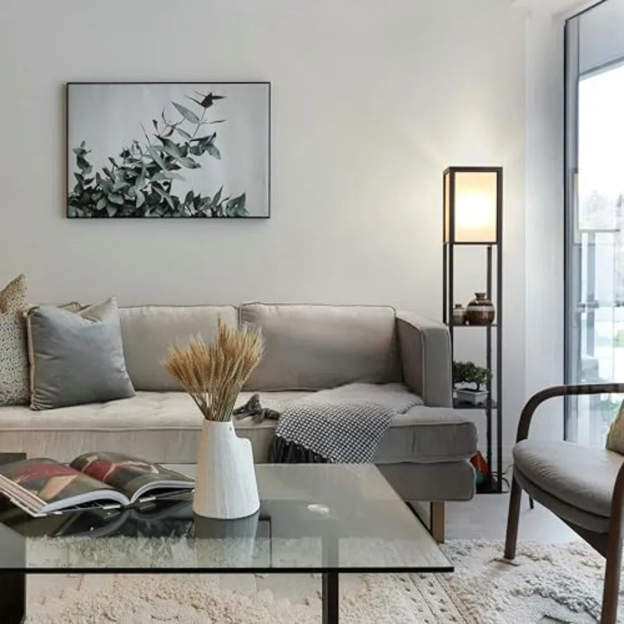 Maxwell - Modern Shelf Floor Lamp with Lamp Shade and Warm LED Bulb, Corner Display Floor Lamp with Shelves for Living Room, Be
