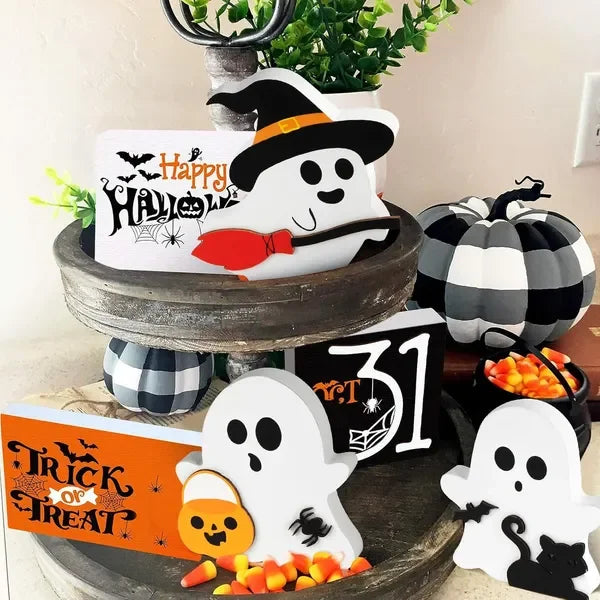Wooden Halloween Decor Tiered Tray Set With Cat Witch Pumpkin