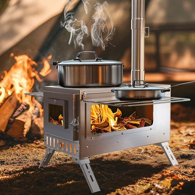 Hot Tent Stove, Wood Burning Stove, Portable Wood Stove with 6 Stainless Chimney Pipes for Outdoor Heating & Cooking