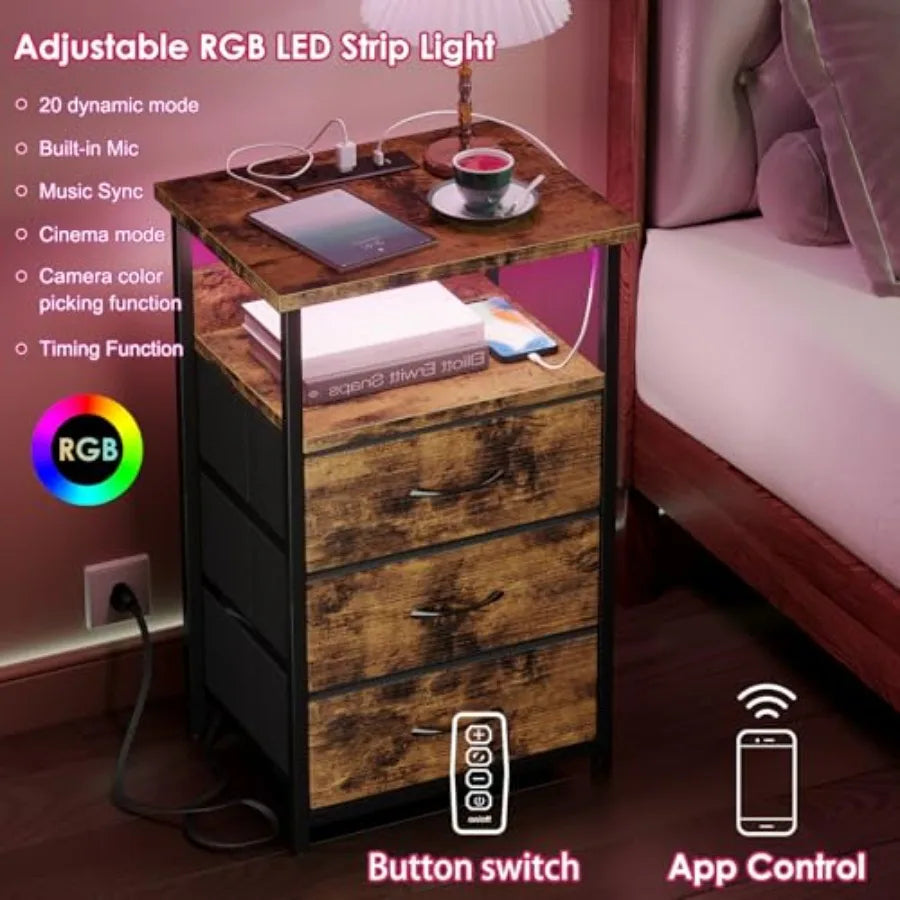 Night Stand with Charging Station, LED Nightstand with Fabric Drawers, End Table with PU Finish, Bed Side Table