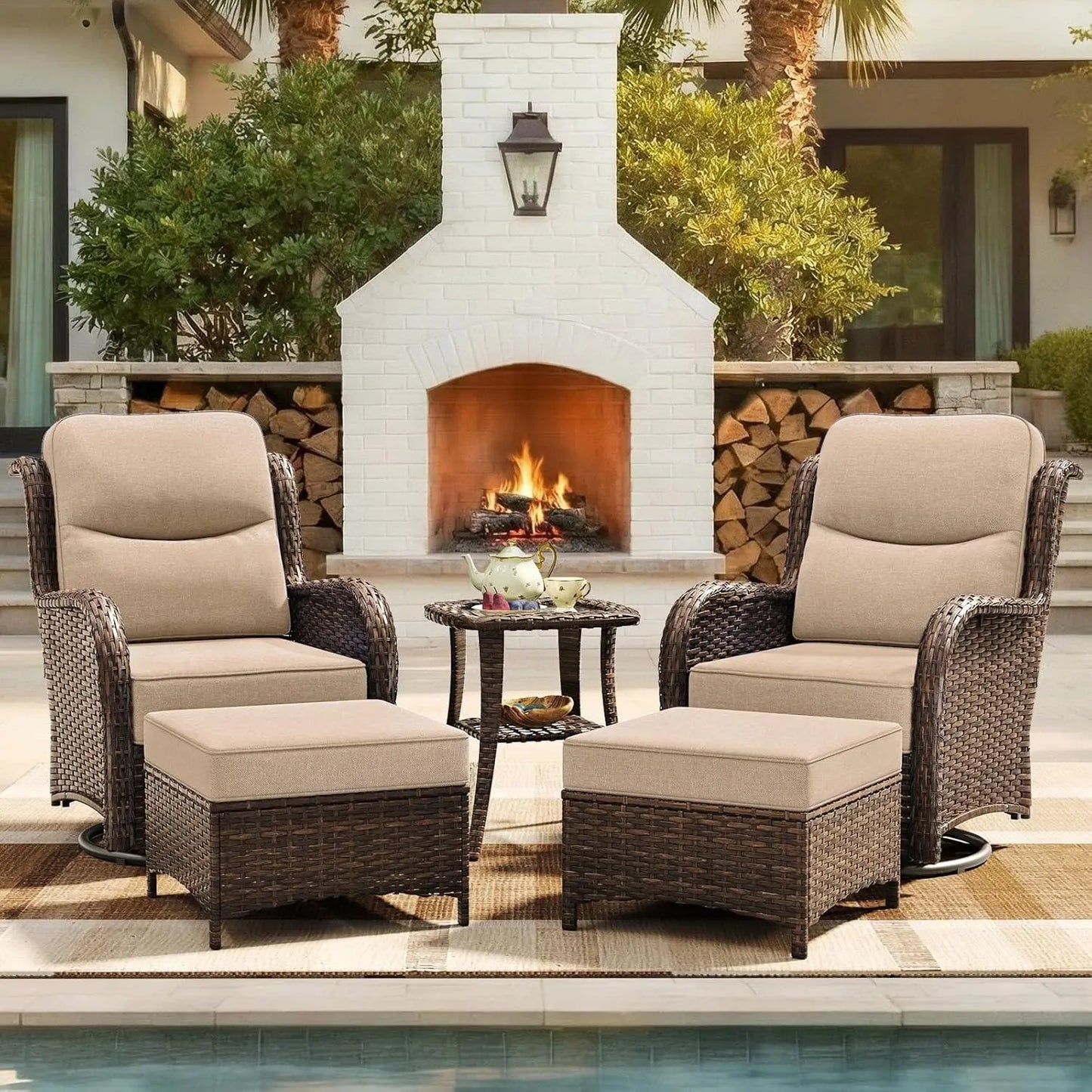 Wicker 5 Piece Patio Set With High Back Swivel Rockers