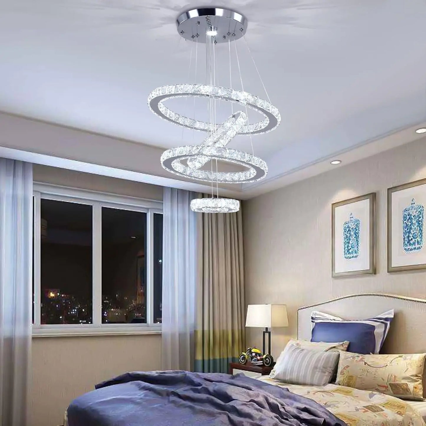 Crystal LED Rings Pendant Chandelier In Stainless Steel Living Room