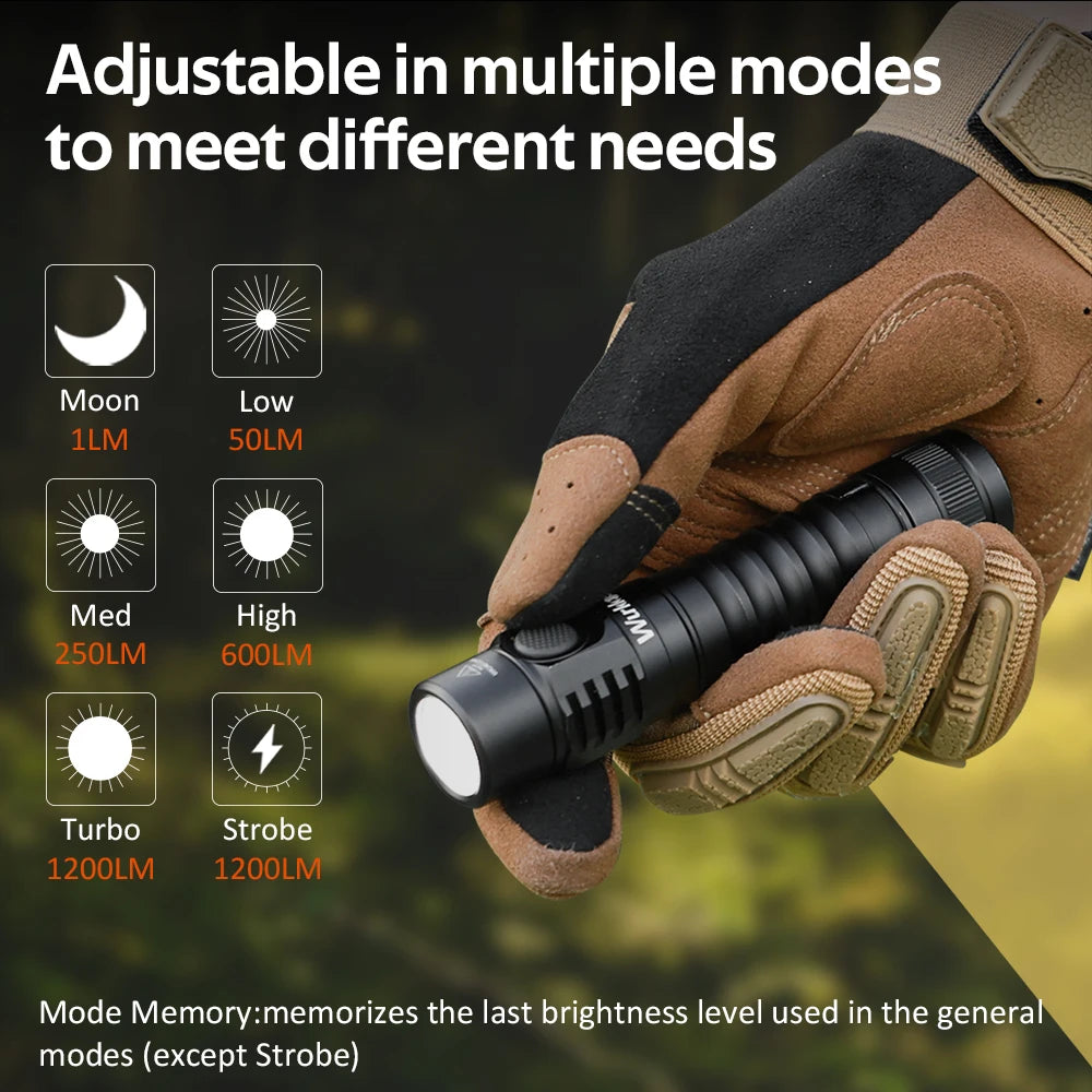 USB-C Rechargeable EDC 18650 Flashlight Max Output 1200 LM IP68 Waterproof Magnetic Tail Hiking Travel light