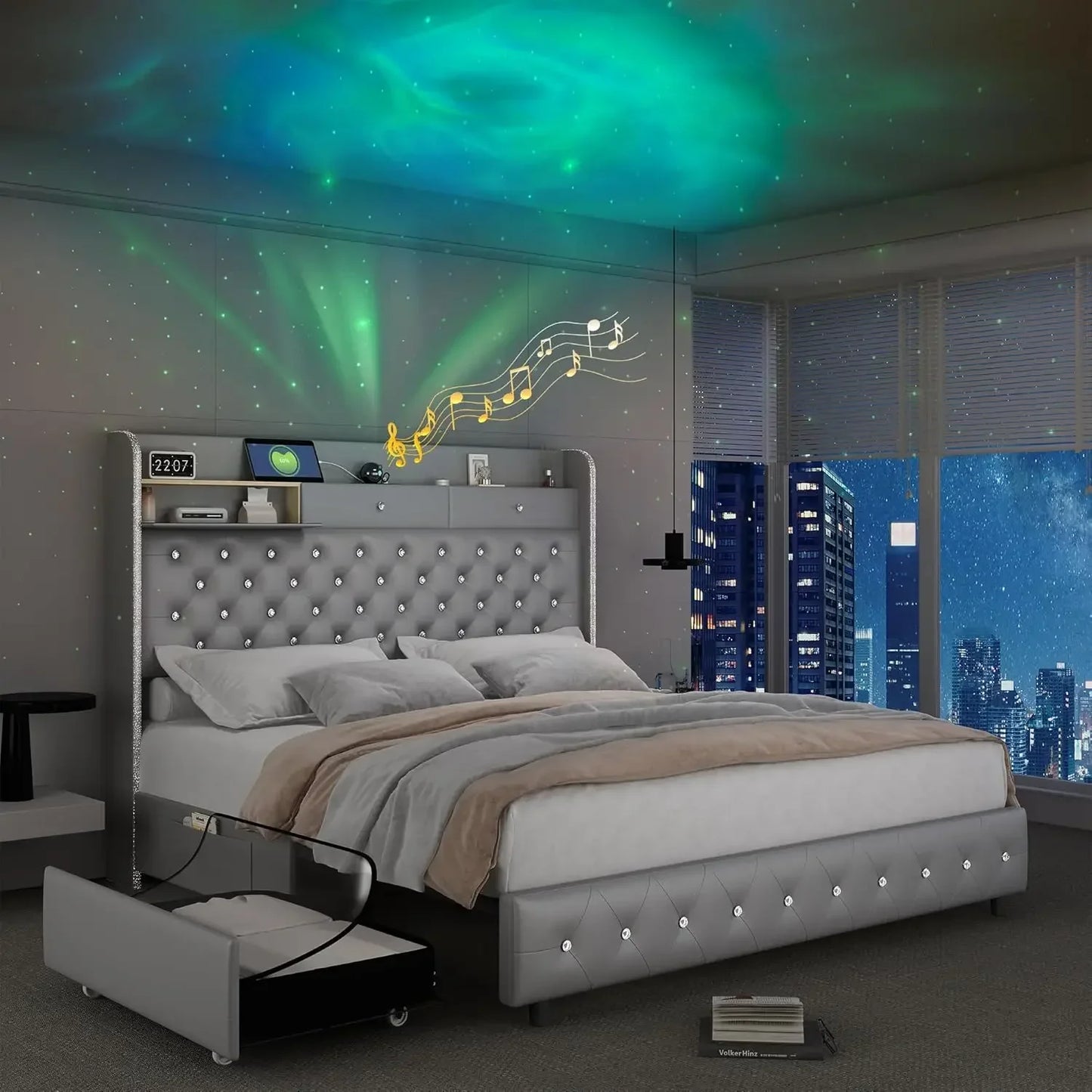 LED Bed Frame with Galaxy Aurora Star Projector and Charging Station, Platform Beds with 52" Diamond Upholstered Customized Headboard Lights