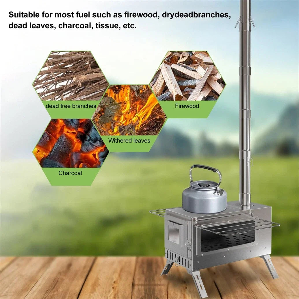 Hot Tent Stove, Wood Burning Stove, Portable Wood Stove with 6 Stainless Chimney Pipes for Outdoor Heating & Cooking
