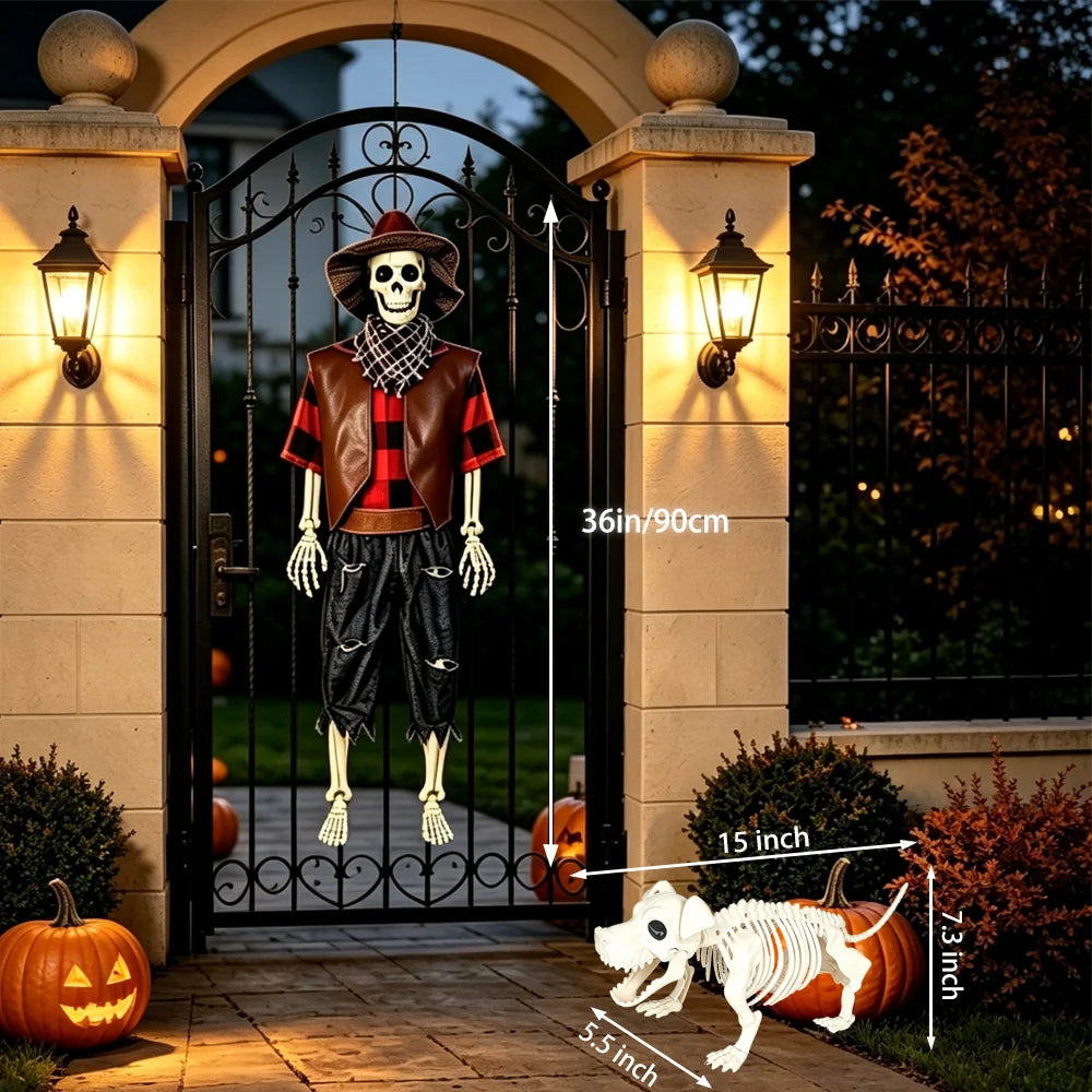 Posable Western Cowboy Skeleton Dog Halloween Outdoor Decor Set