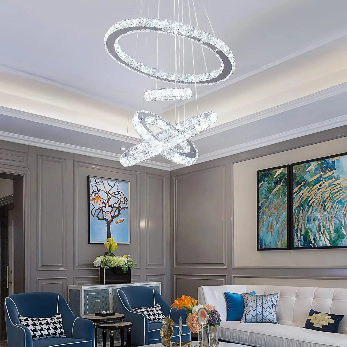 Crystal LED Rings Pendant Chandelier In Stainless Steel Living Room