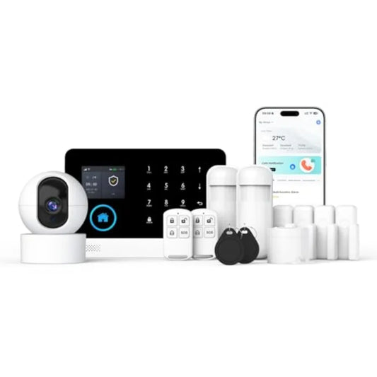 Home security alarm system with 4G GSM/WiFi wireless connectivity, HD camera, app alerts, door/window and motion sensors, loud