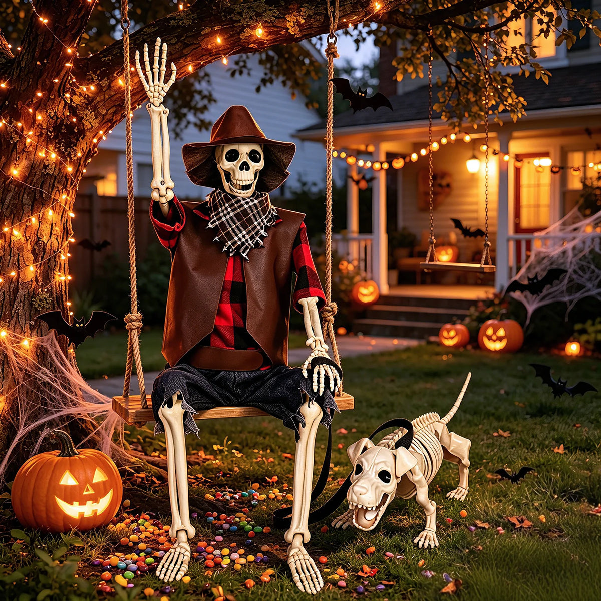 Posable Western Cowboy Skeleton Dog Halloween Outdoor Decor Set