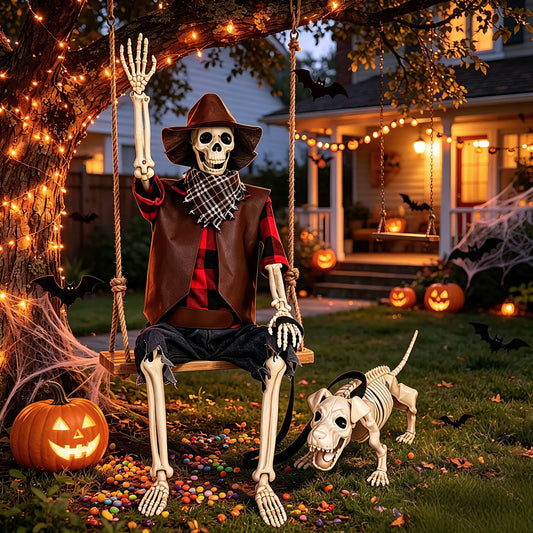 Posable Western Cowboy Skeleton Dog Halloween Outdoor Decor Set