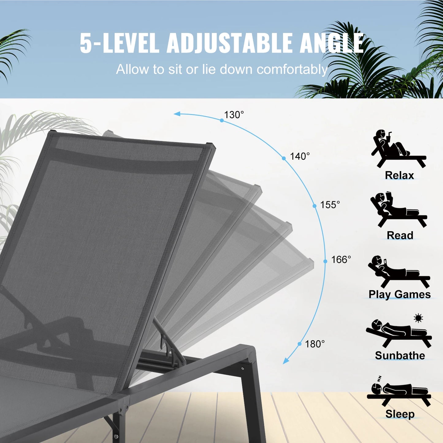 Chaise Lounge Chair Outdoor Aluminum Patio Lounge Folding Pool Lounge Recliner