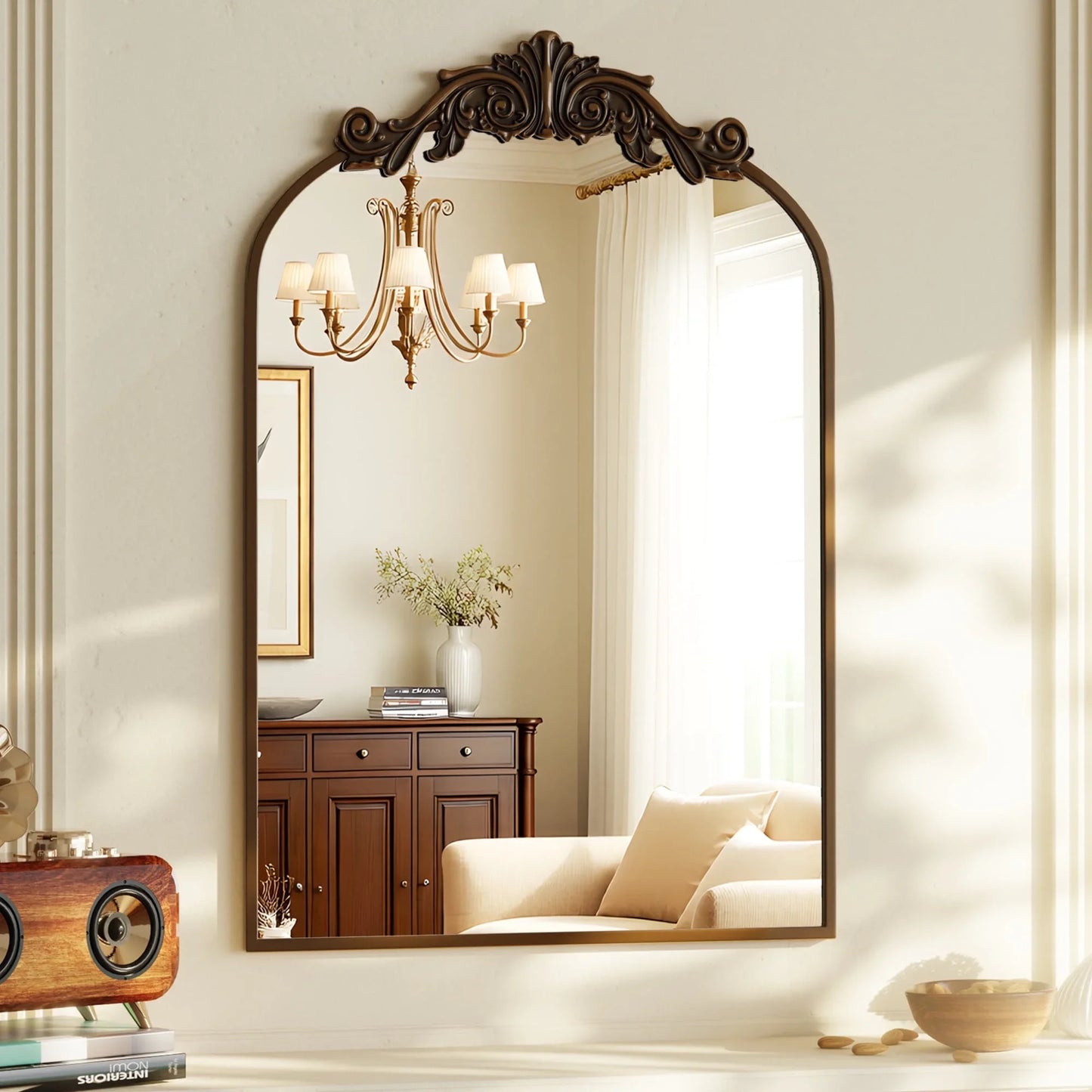 BEAUTYPEAK Classic Wall Decor Mirror Arched Metal Vintage Bathroom Mirror