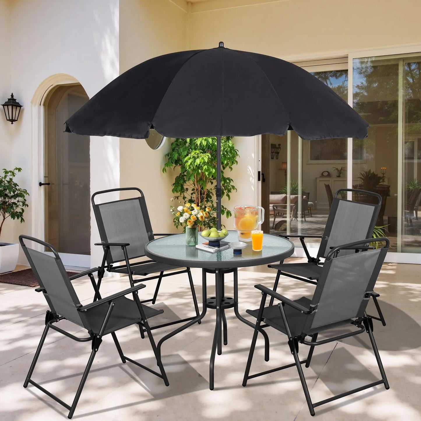 Folding Metal Patio Dining Set With Umbrella Hole For Lawn Backyard
