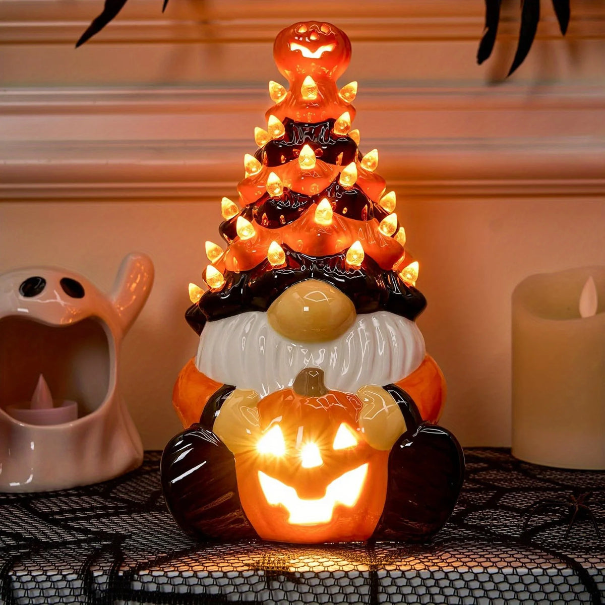 Joyfy Ceramic Pumpkin Gnome Tree Tabletop Decor With LED Lights