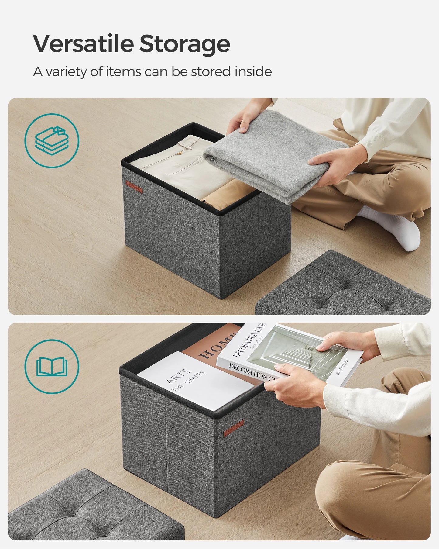 SONGMICS Small Folding Storage Ottoman, Set of 2, Foot Rest Stool, Cube Footrest, 12.2 x 16.1 x 12.2 Inches, 286 lb Load Capacit