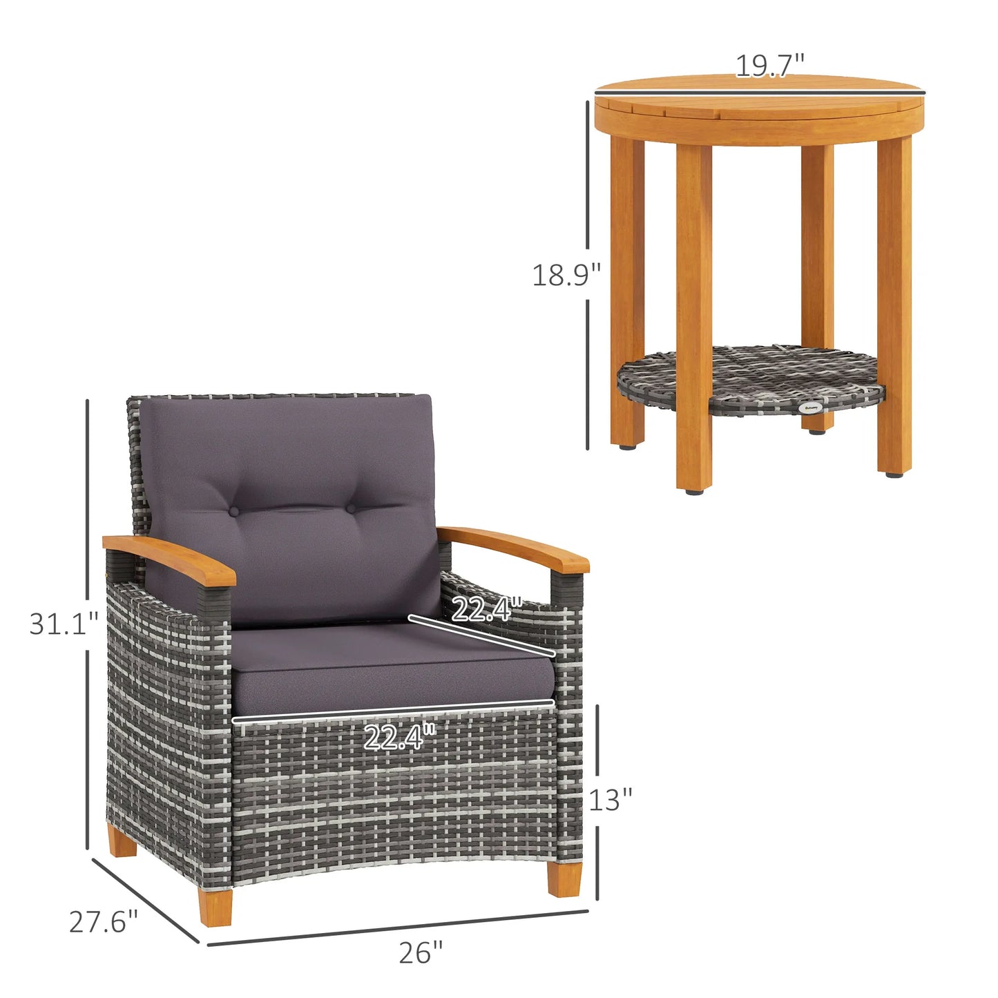 3 Pieces Wicker Patio Bistro Set Outdoor with Cushions, Gray