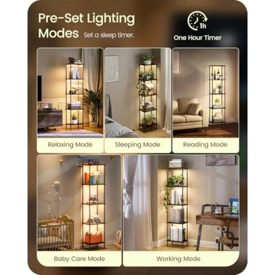 Display Shelf with Light, 5-Tier Shelf Lamp, Corner Floor Lamp with Shelves, Dimmable LED Floor Lamp for Living Room with Remot