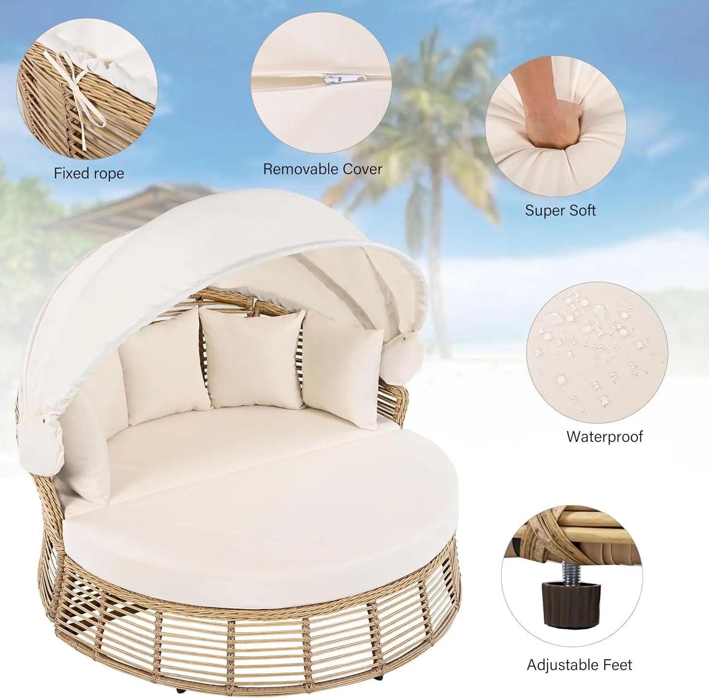 Outdoor Patio Round Rattan Daybed With Retractable Canopy Wicker Furniture