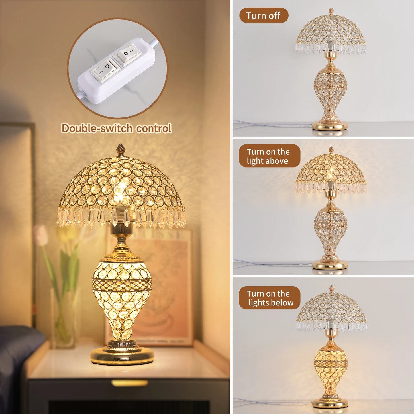 Elegant Crystal Table Lamp Three-Color Adjustable Bedroom Bedside Night Light Gold-Plated Metal Desktop Lamp Living Room Bedroom Home Decorative Light
