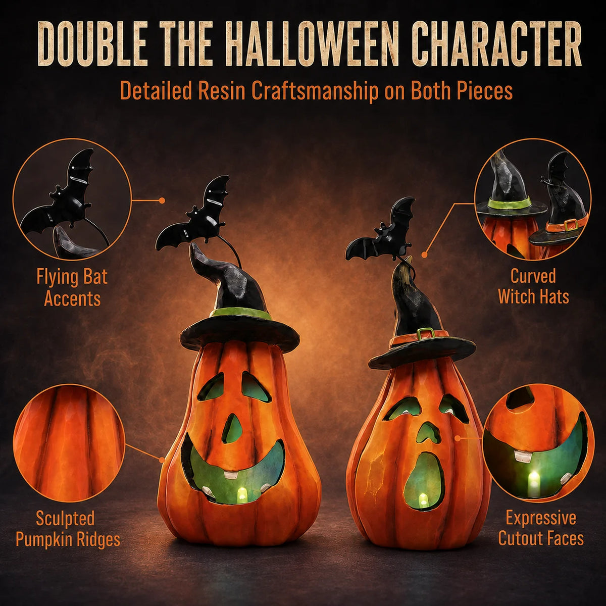 Halloween Pumpkin Figurine Set, 2-Piece LED Light Up Jack-o'-Lantern Decor with Witch Hat & Black Bat Accents, Spooky Glowing Tabletop Figure for Shelf Display, Collectible Fall Seasonal Home Decoration Halloween Gift
