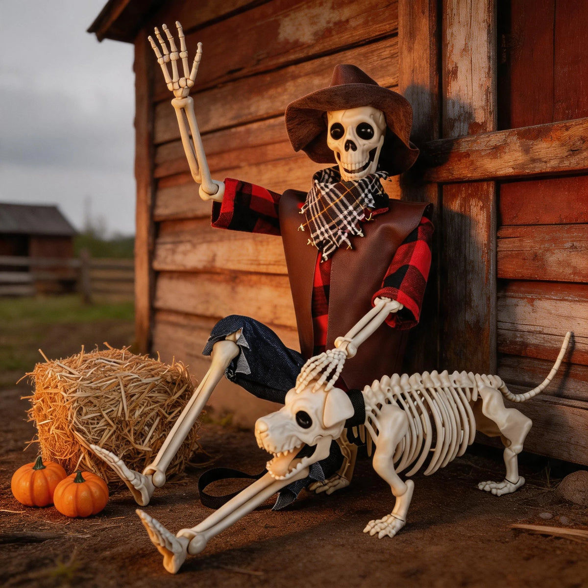 Posable Western Cowboy Skeleton Dog Halloween Outdoor Decor Set