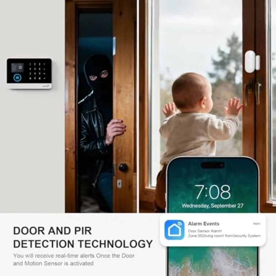 Home security alarm system with 4G GSM/WiFi wireless connectivity, HD camera, app alerts, door/window and motion sensors, loud