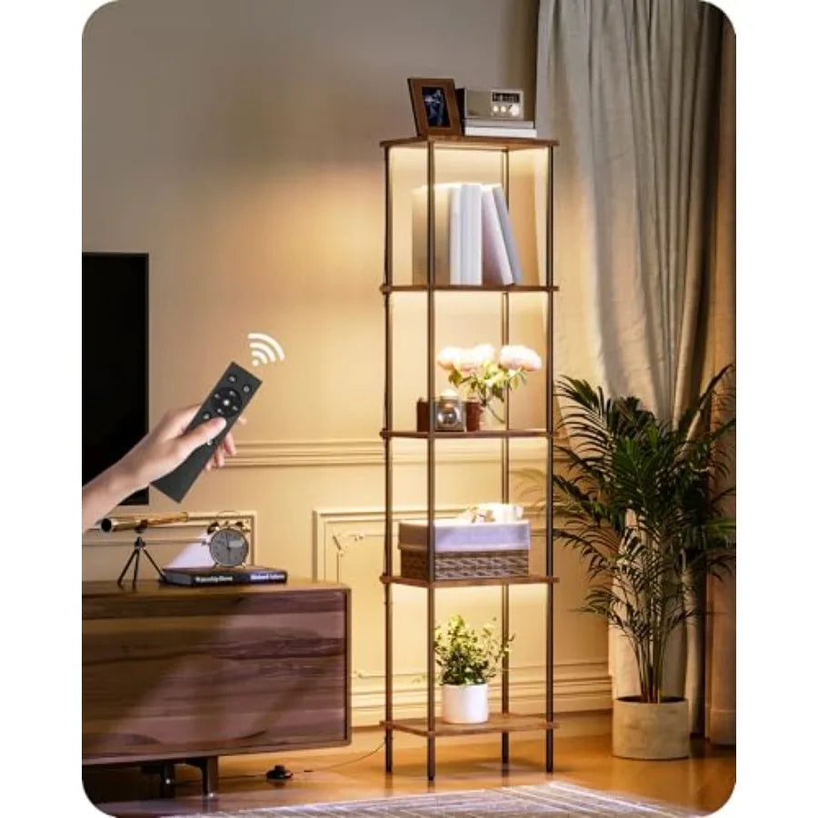 Display Shelf with Light, 5-Tier Shelf Lamp, Corner Floor Lamp with Shelves, Dimmable LED Floor Lamp for Living Room with Remot