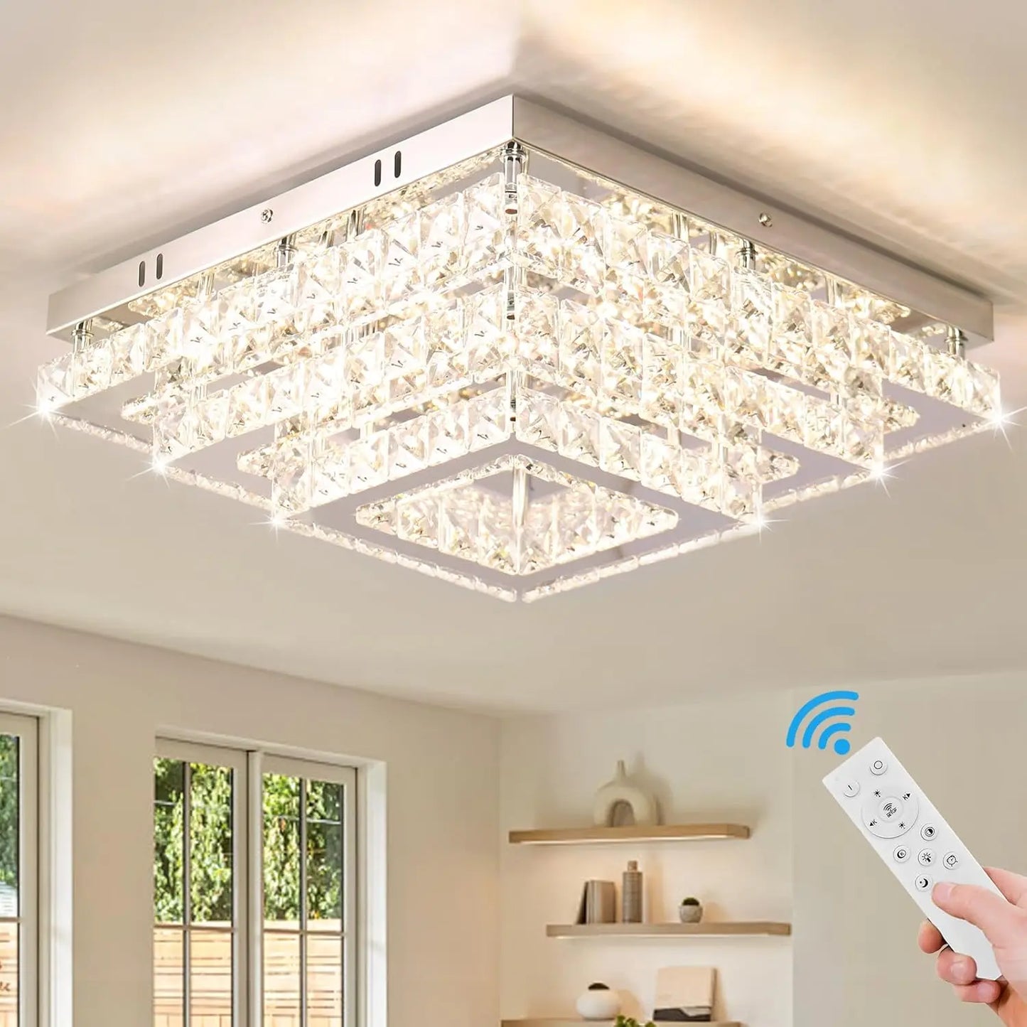 FRIXCHUR Dimmable Square Crystal Flush Mount Ceiling Light 3000-6500K Remote