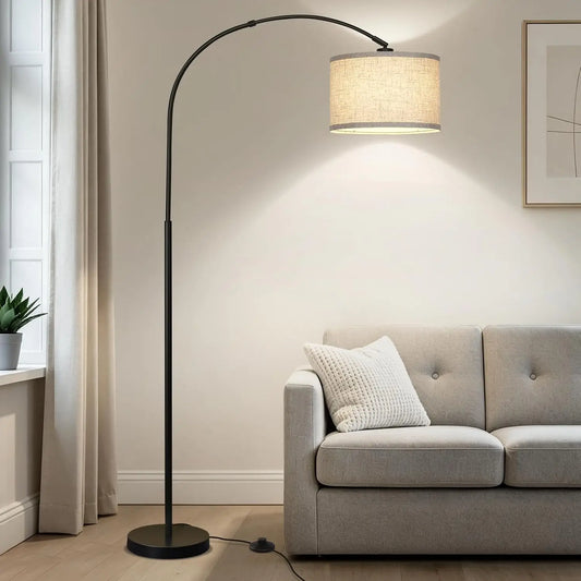 Arc Tall Floor Lamp With Drum Shade And Foot Switch Over-Couch Reading Light