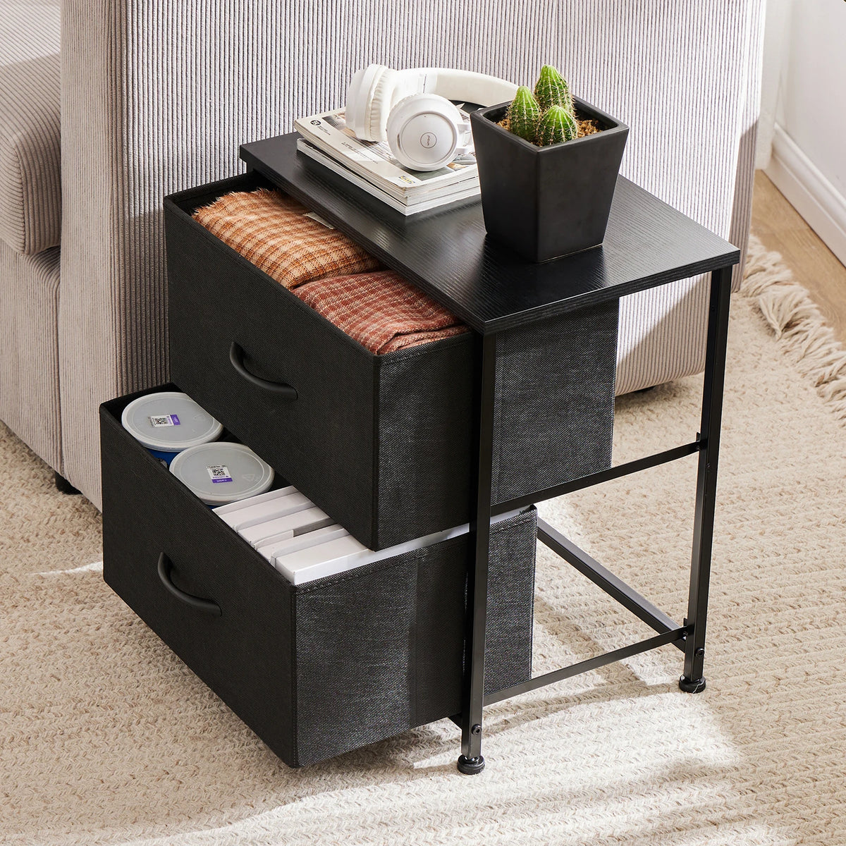 JHK Modern Metal Frame Nightstand With Two Storage Drawers