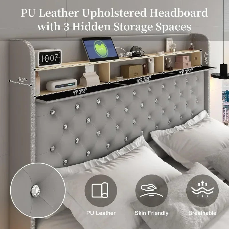 LED Bed Frame with Galaxy Aurora Star Projector and Charging Station, Platform Beds with 52" Diamond Upholstered Customized Headboard Lights