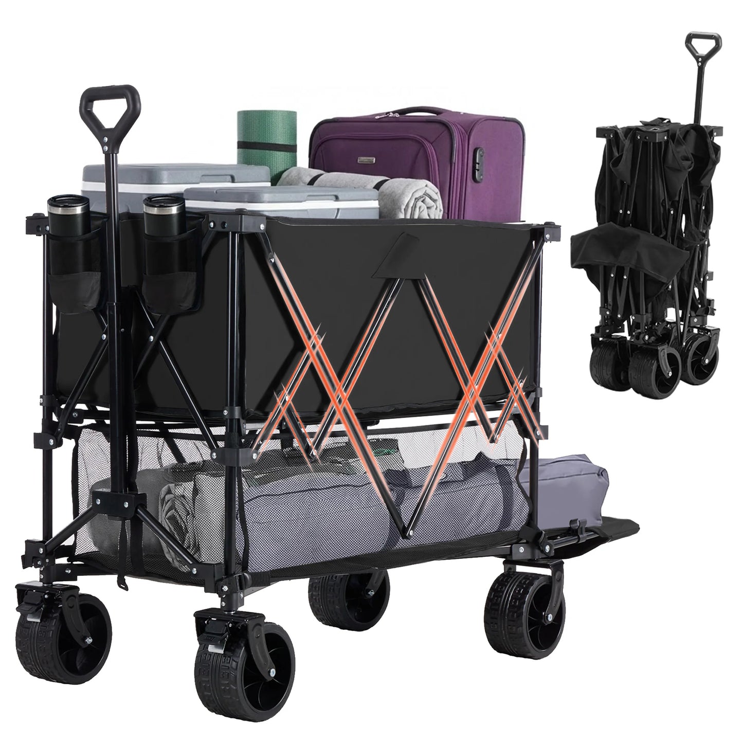 JHK Outdoor Double Decker Wagons Cart 440 lbs. Capacity Collapsible  and Foldable.