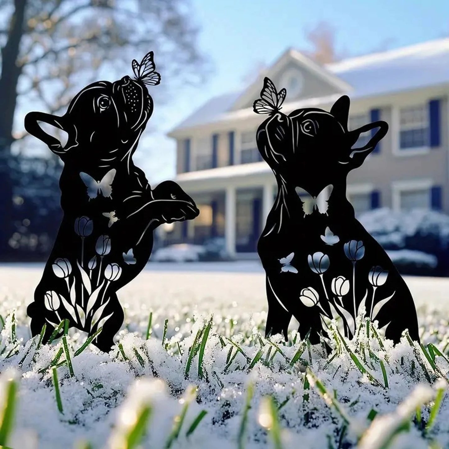 Metal Garden Stakes Butterfly Dog Silhouette 2 Pack