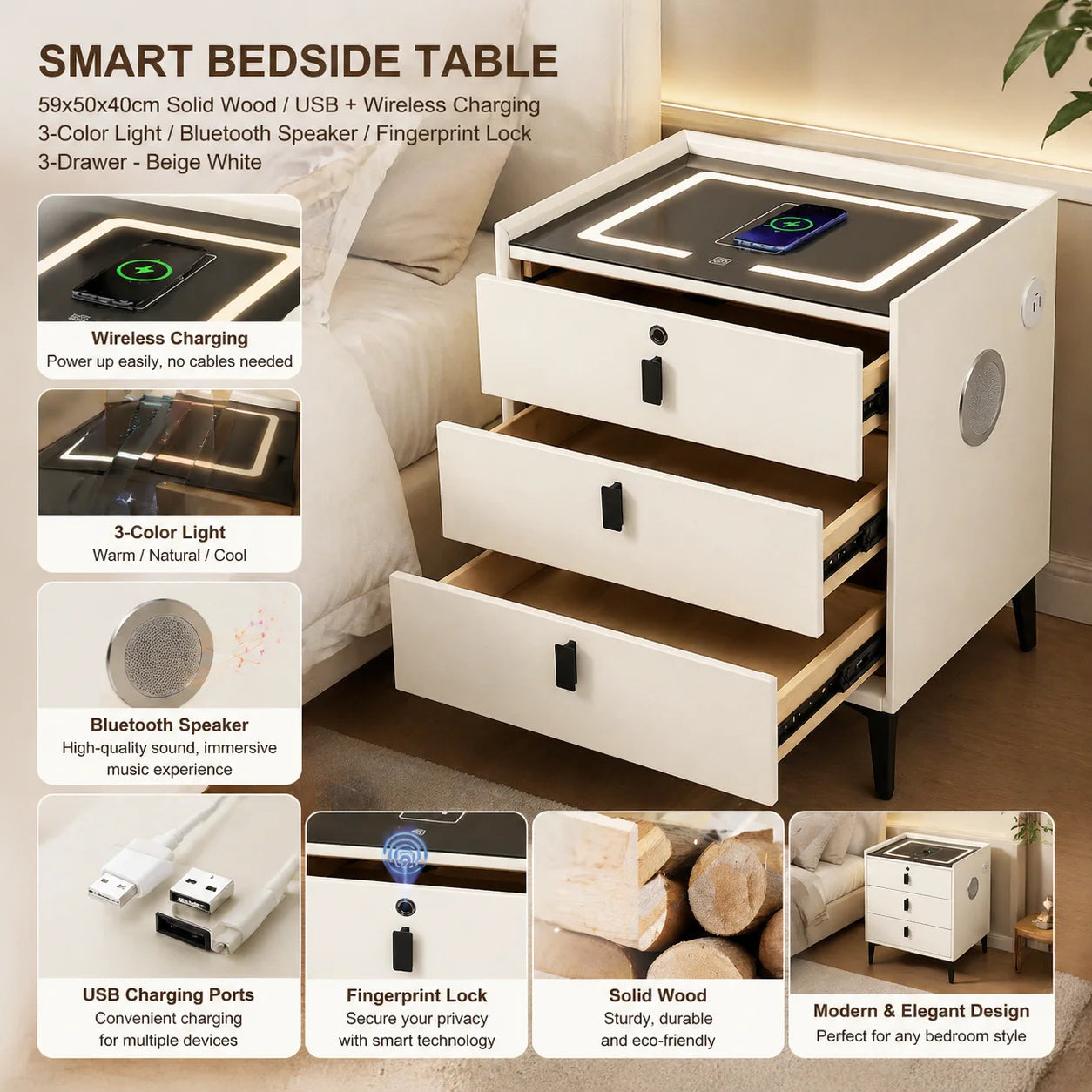 59x50x40cm Solid Wood Smart Nightstand 3-Drawer USB&Wireless Charging BT Speaker Fingerprint Lock 3-Color Light Beige White