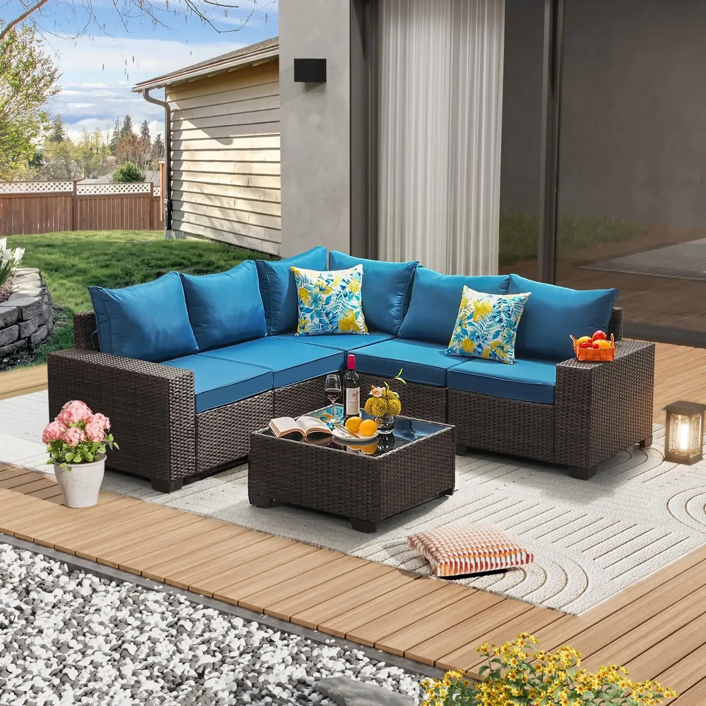 Patio Furniture Set Outdoor Wicker Sectional Conversation Sofa Rattan Patio Seating Sofa with Cushion and Glass Table